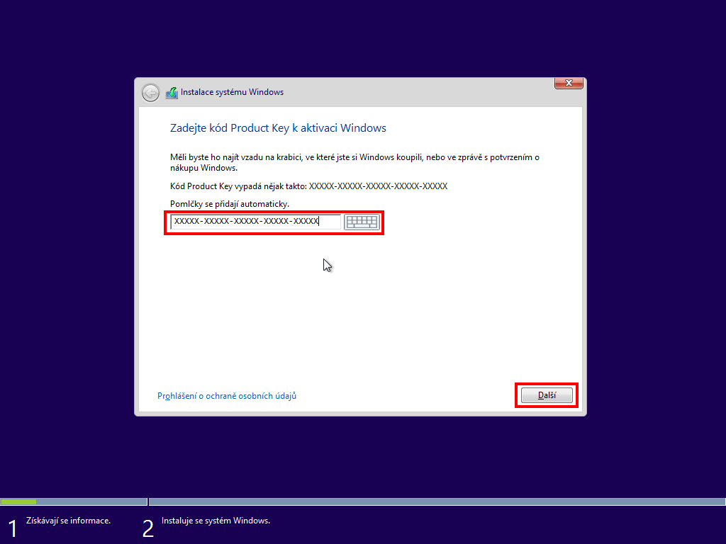 zadávání aktivačního klíče při instalaci windows 8.1